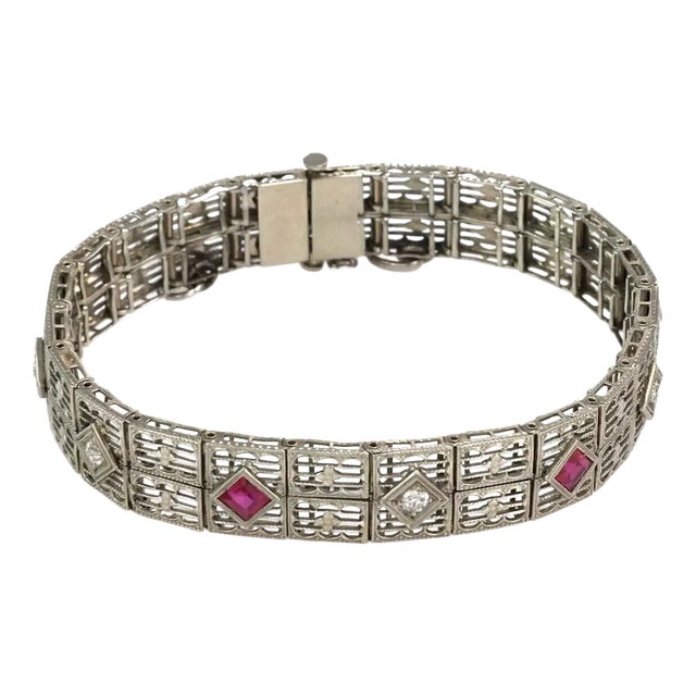 Art Deco Diamond 18k White Gold Filigree Bracelet For Sale