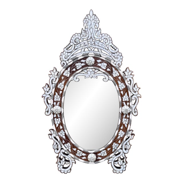 1990s Mother of Pearl Inlaid Oval Shape Mirror For Sale