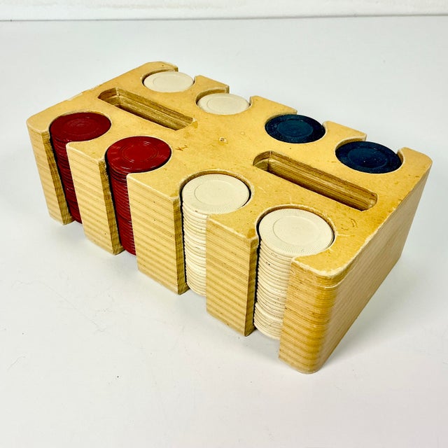 1950s Vintage Boho Chic Americana Poker Chips and Wood Caddy For Sale - Image 4 of 10