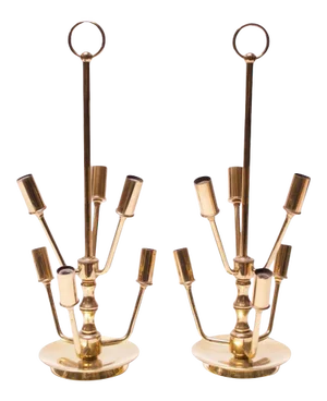 Midcentury Candelabra Style Six-Arm Brass Table Lamps - A Pair