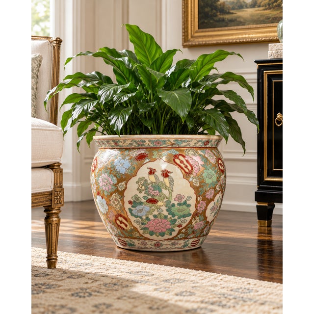 An exquisite vintage Chinese porcelain fishbowl planter featuring elaborate Famille Rose-style decoration, richly accented...