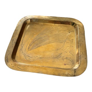 Large Mid-Century Modern Solid Brass Square Wheat Engraved Tray - Signed For Sale