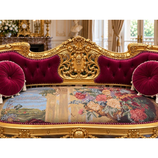 1970 French Artisan Louis XVI Gold Burgundy Sofa Set-3 Pc For Sale - Image 10 of 18