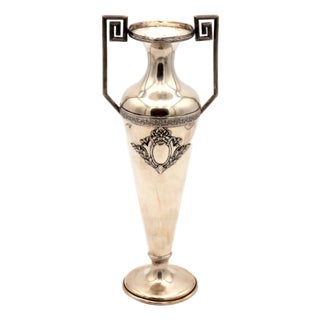 Silver Vase with Reliefs, Monogram Card with Two Beaded Handles and Circular Base. For Sale