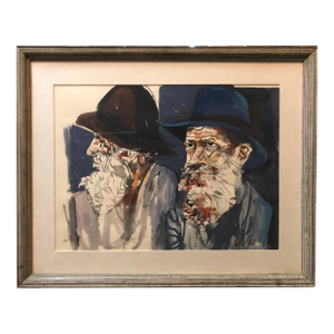 Moshe GatLarge Watercolor Painting Israeli Modernist Judaica Two Rabbis, 1960