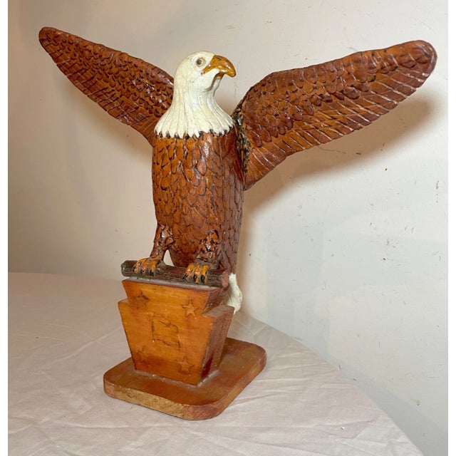 Vintage Hand Carved Wood Folk Art American Bald Eagle Bird Sculpture Statue For Sale - Image 4 of 12