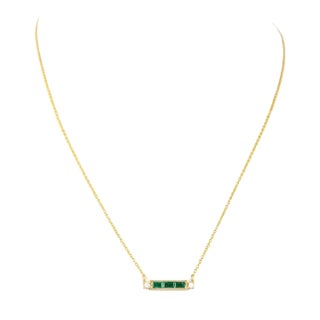 14k Solid Yellow Gold Diamond Emerald Baguette Bar Necklace 18 Inch Length For Sale
