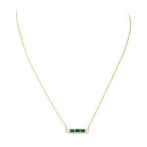 14k Solid Yellow Gold Diamond Emerald Baguette Bar Necklace 18 Inch Length