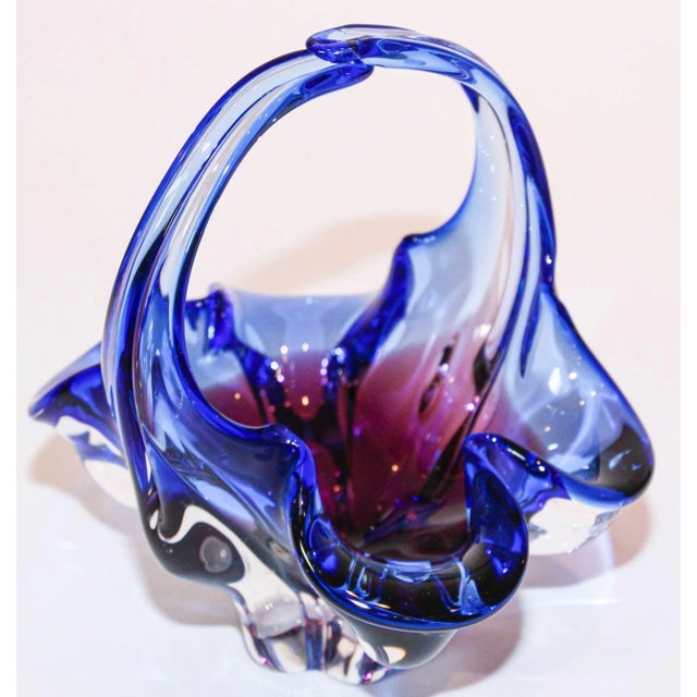 Glass Murano Art Glass Cobalt Blue Basket With Handle 1970s Italy For Sale - Image 7 of 13
