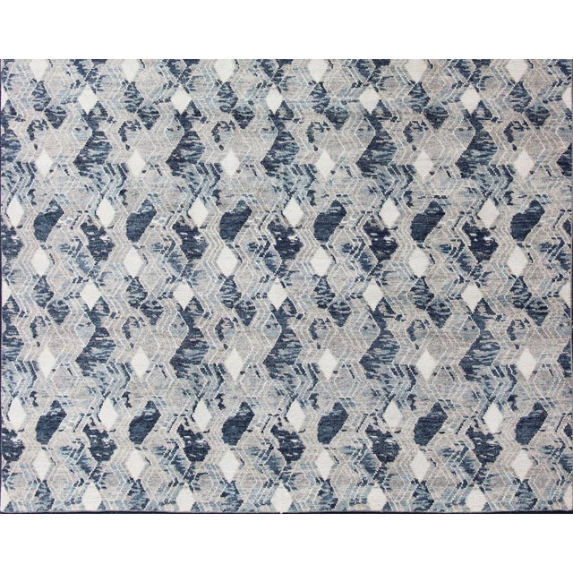 Oversized Modern Diamond Designed Indian Area Rug in Blue, Gray, and White 12'1 X 14'11 For Sale - Image 9 of 14