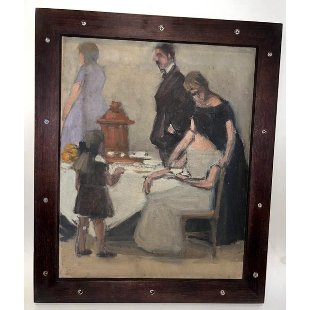 Vintage Framed Double-Sided Painting with Marina Harbor Scene and a Family Portrait For Sale - Image 9 of 12