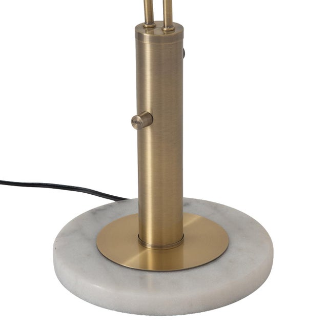 Metal 1990s Modern Style Bloom Pair Light Brass Table Lamp - Weathered Brass, White Marble Base, White Satin Shade For Sale - Image 7 of 8
