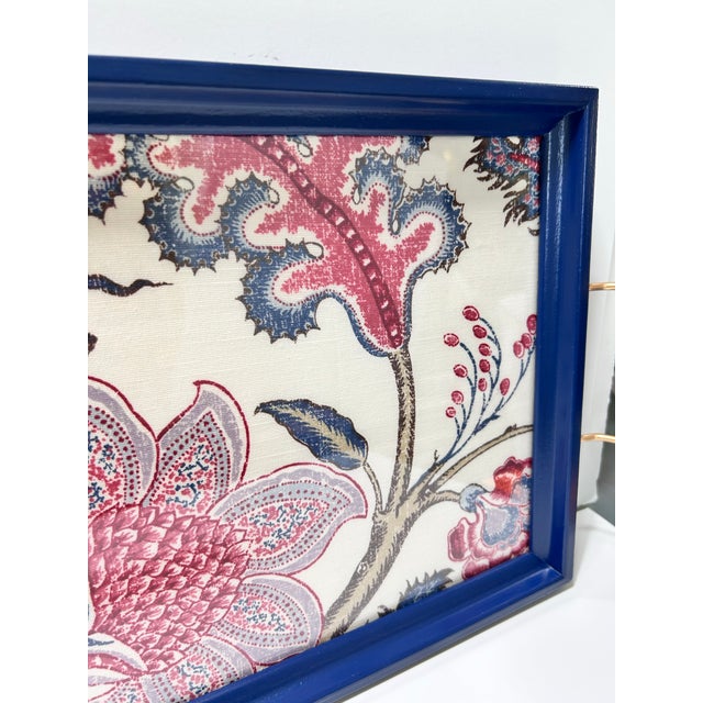 Vintage Blue Lacquer Serving Tray With Brass Handles & Laura Ashley Floral Fabric Liner For Sale - Image 10 of 12