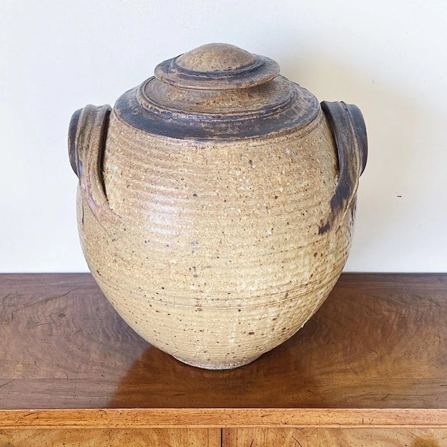 Mid-Century Modern Mid-Century Large Hand-Thrown Lidded Vessel With Handles of Pottery in Neutral Glazes For Sale - Image 3 of 12