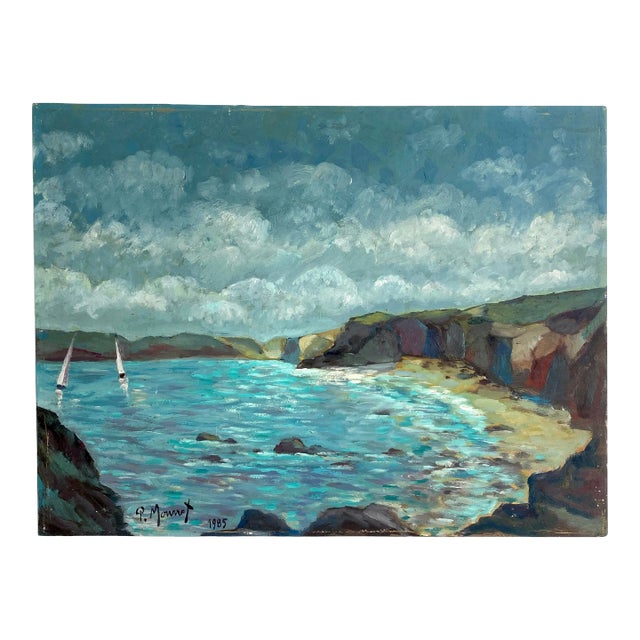 French La Cote Sauvage Seascape Oil Painting 1985 For Sale
