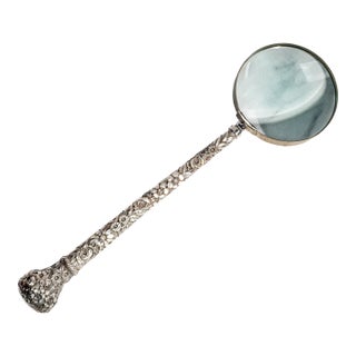 Amazing Antique Sterling Silver Repoussé Parasol Handle Floral Magnifying Glass Ornate Library Desk Home Decor For Sale
