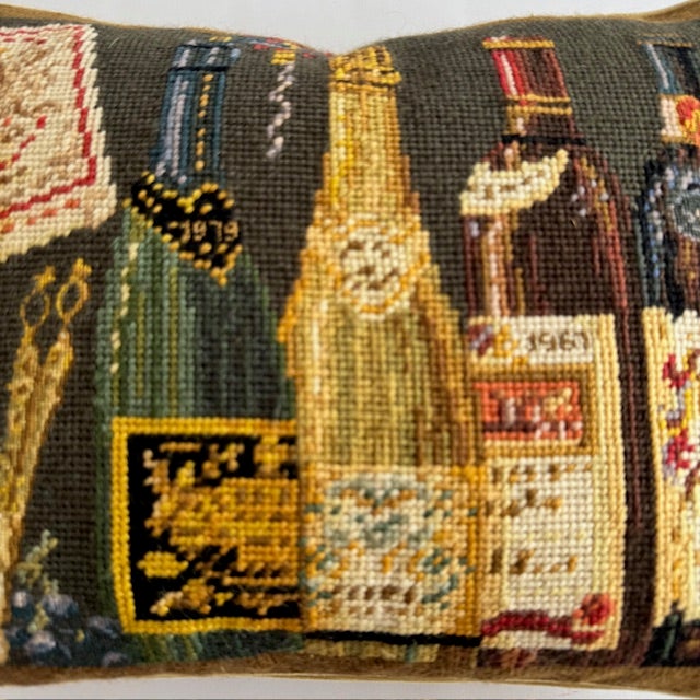 Chelsea Textiles Wine Bottle Needlepoint Pillow – 100% Wool, Down Insert, English Estate Style For Sale - Image 4 of 14