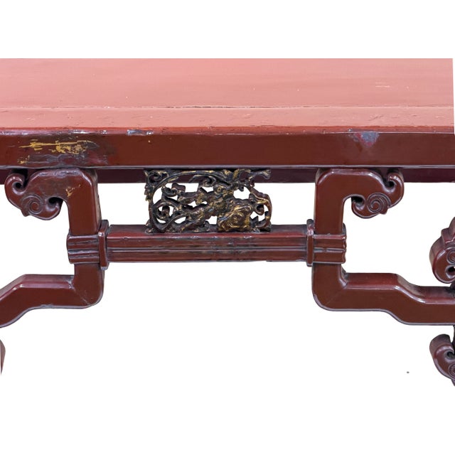 Distressed Reddish Brown Trapezoidal Geometric Lattice Panel Console Table For Sale - Image 11 of 13