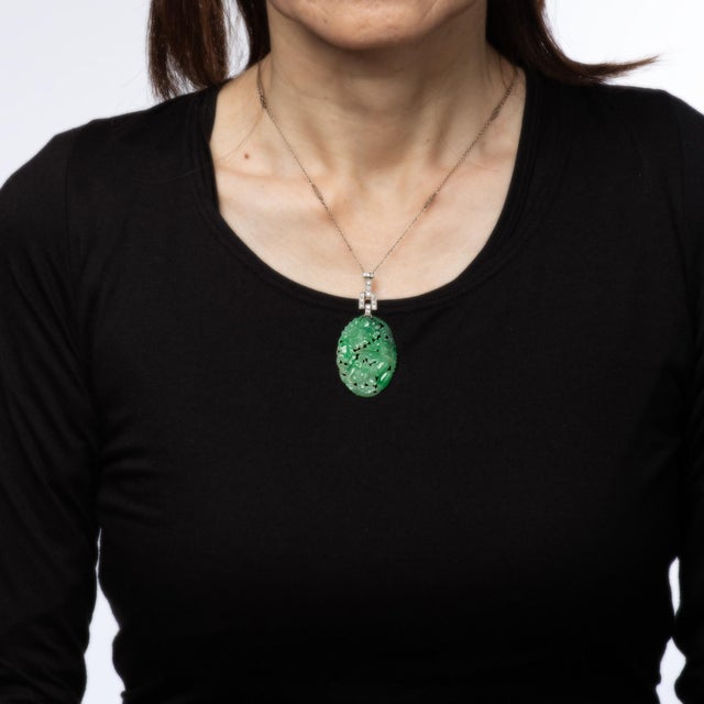 Finely detailed vintage Art Deco era carved jade & diamond necklace (circa 1920s to 1930s), crafted in 14 karat white gold...