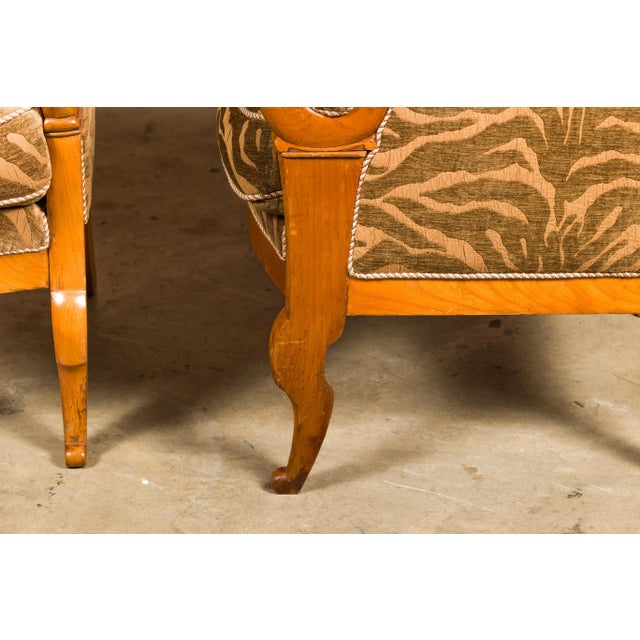 French Walnut 19th Century Bergère Chairs with Carved Arms and Zebra Upholstery For Sale - Image 12 of 12