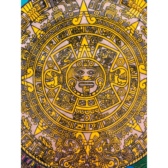 Mexican Vintage Hand Painted Terracotta Mexican Wedding Plate With Aztec Calandar For Sale - Image 3 of 11