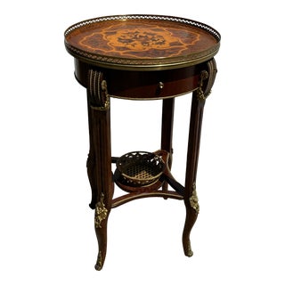 1960s Vintage Empire Style Italian Marquetry Inlaid Side Accent Table Mahogany and Brass For Sale