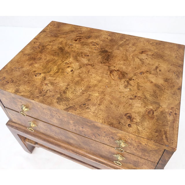 Pair of Burl Asian Campaign Fusion 2 Drawer Night Stands End Table Brass Pulls For Sale - Image 9 of 15