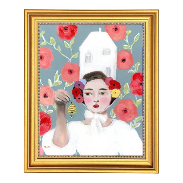 Miranda, Beekeeper’s Daughter, Swedish Style, Mid Century Modern Oil Portrait Painting by Alexandra Swistak For Sale