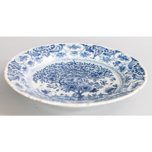 Farmhouse Antique 18th Century Dutch Delft Faience Tea Tree Scalloped Charger For Sale - Image 3 of 8
