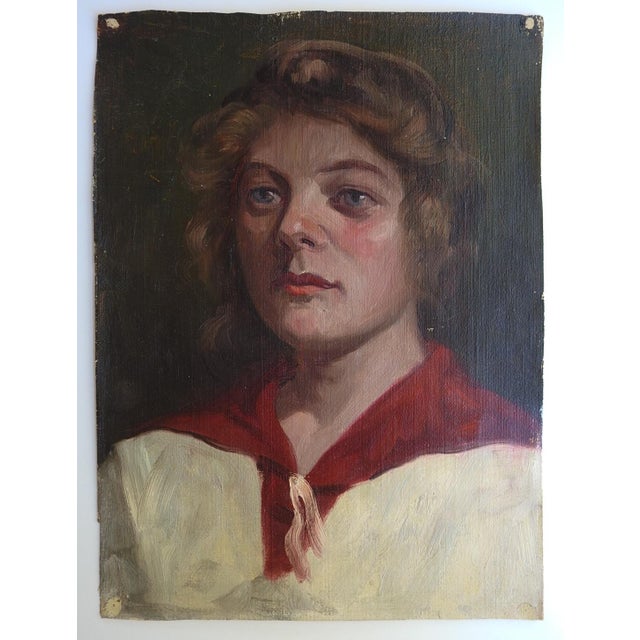English Early 20th Century Woman in Red and White Dress Portrait Painting For Sale - Image 3 of 3
