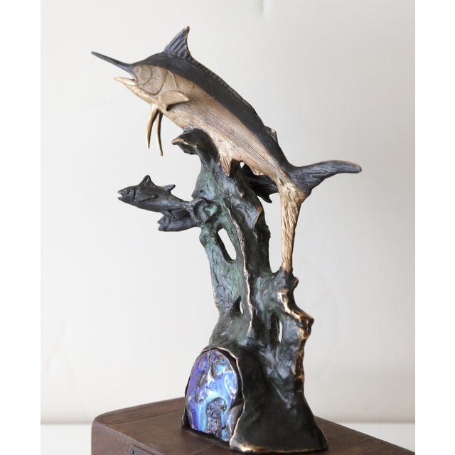 Solid Bronze Lyford Cay Club Tournament Marlin Fishing Trophy by Bodo Muche Studio With Inset Opal Gem For Sale - Image 9 of 16