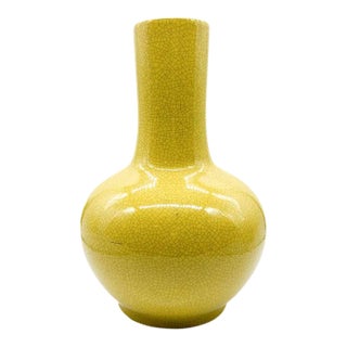 Large Mid 20th Century Chinese Tianqiuping Yellow Vase Ceramic Crackle Glaze Bulb Shape For Sale