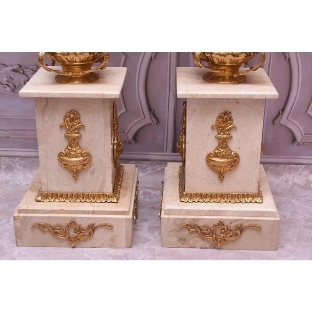 Beige Pair of Large Neoclassical Beige Marble and Ormolu Bronze Urn Amphorae With Matching Pedestals For Sale - Image 8 of 16