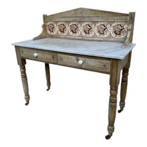 Antique Fruitwood Washstand With Carrara Marble Top and Tile Back