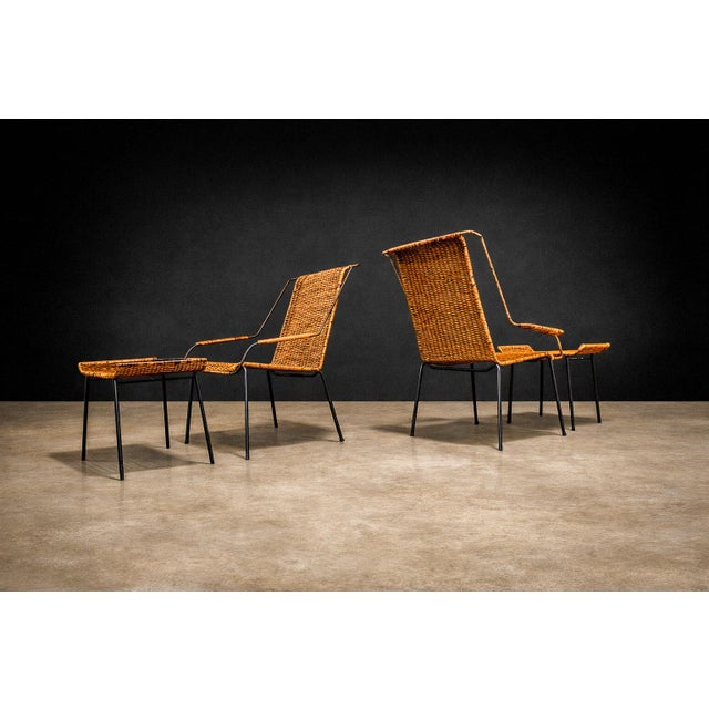 Set of Two Armchairs With Stools in Cane & Iron, Carlo Hauner, 1950s For Sale - Image 10 of 16