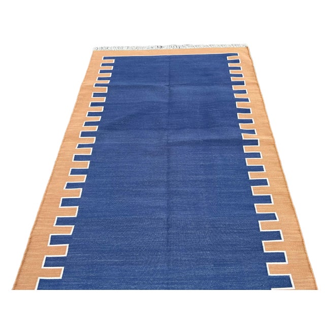 Not Yet Made - Made To Order Handmade Cotton Vegetable Dyed Blue, Cream and Tan Zig Zag Striped Rug-5'x7' For Sale - Image 9 of 12