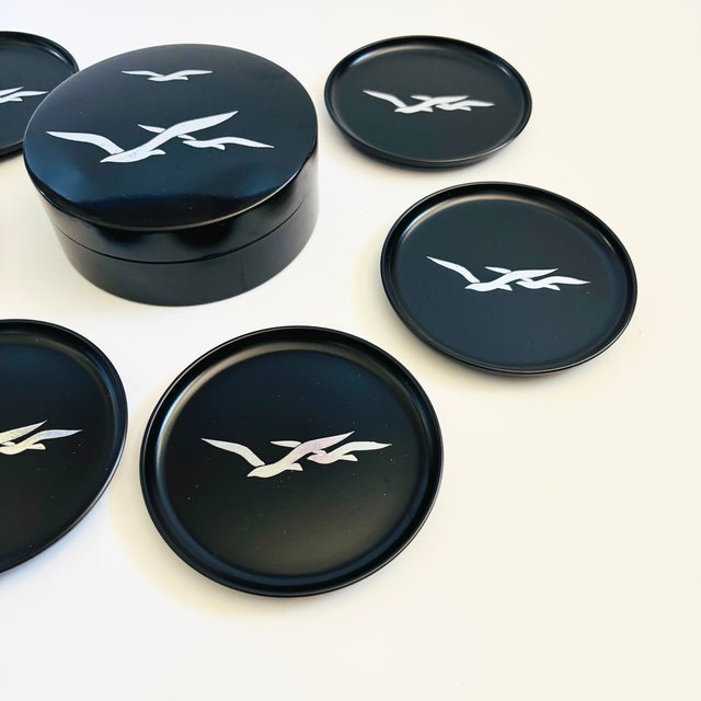 Plastic Mid 20th Century Otagiri Lacquerware Seagull Coasters - Set of 7 For Sale - Image 7 of 11