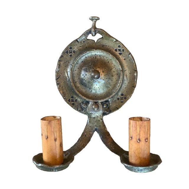 Pair Cast Brass Sconces With Hammering and Tooling Pattern, 1920 For Sale - Image 4 of 7