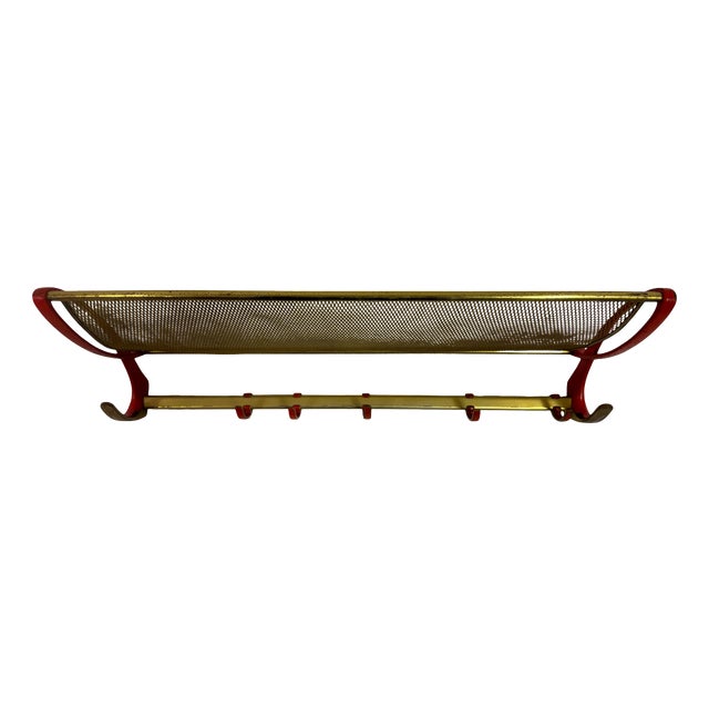 Vintage Brass and Red Lacquer Coat Rack, 1950s For Sale