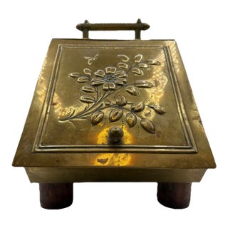 Antique Brass Coal Scuttle Fireplace Hod With Embossed Floral & Bee, C. 1890–1920 For Sale