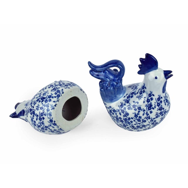 Ceramic Vintage Chinoiserie Style Blue and White Porcelain Rooster Figurines With Floral Motif - 2 Pieces For Sale - Image 7 of 7