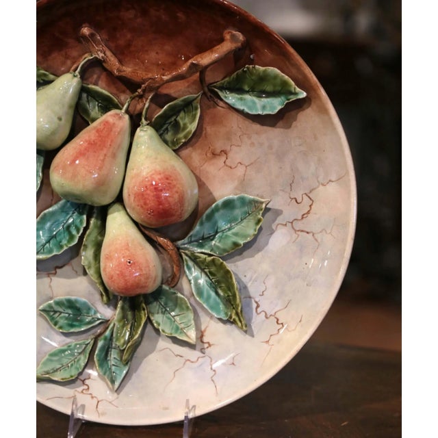 Pair of 19th Century French Hand Painted Ceramic Barbotine Fruit Wall Platters For Sale - Image 11 of 12