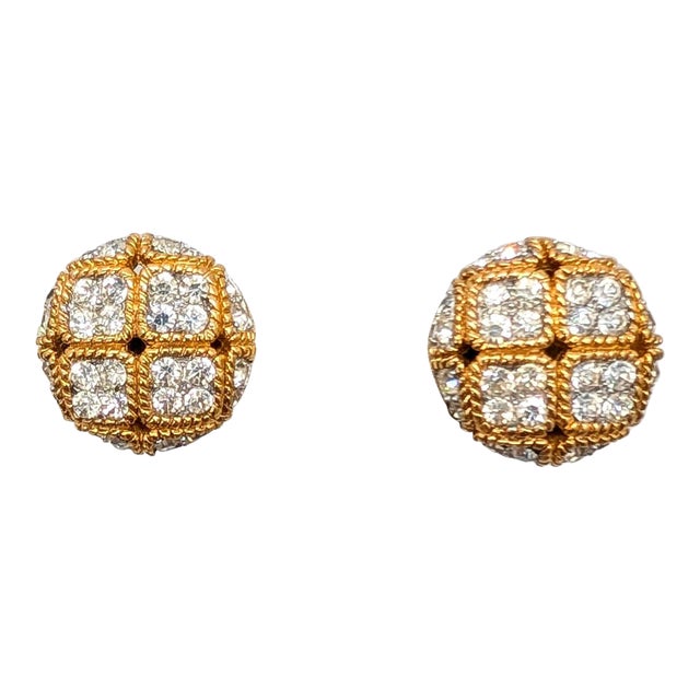 Vintage Signed Jomaz Round Goldtone Round Clear Rhinestone Clip Earrings- 2 Pieces For Sale