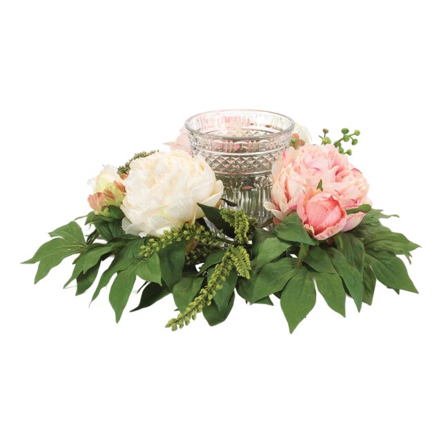 Mixed Peony Floral Candle Holder with Glass Insert 15"D For Sale