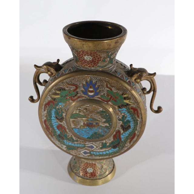 Chinese Vintage Chinese Handled Vase With Scenic Enameled Decorative Elements For Sale - Image 3 of 11