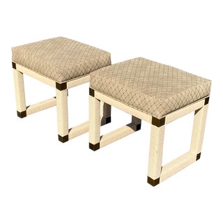 Mid Century, Hollywood Regency Suede & Rattan,Brass Bench Set For Sale