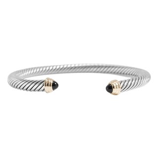 David Yurman Classic Cable 5mm Silver 14k Yellow Gold Onyx Cuff Bangle Bracelet For Sale