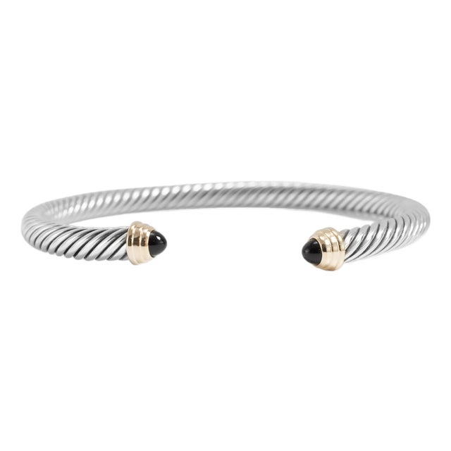 David Yurman Classic Cable 5mm Silver 14k Yellow Gold Onyx Cuff Bangle Bracelet For Sale