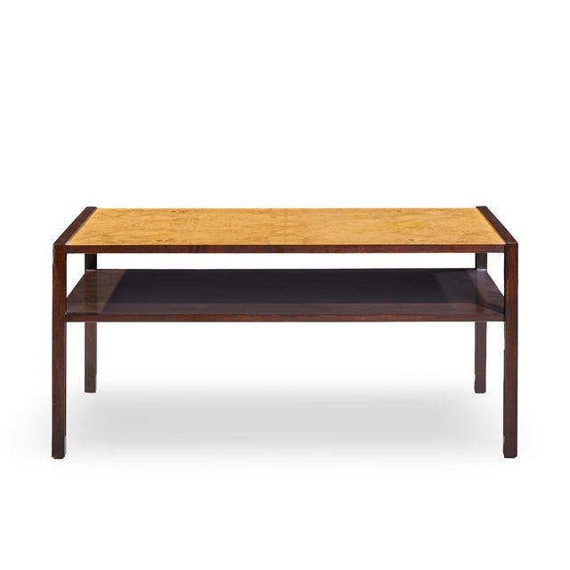 Edward Wormley for Dunbar Mid Century 2-Tier Burlwood and Mahogany Coffee Table This coffee table measures: 48 wide x...