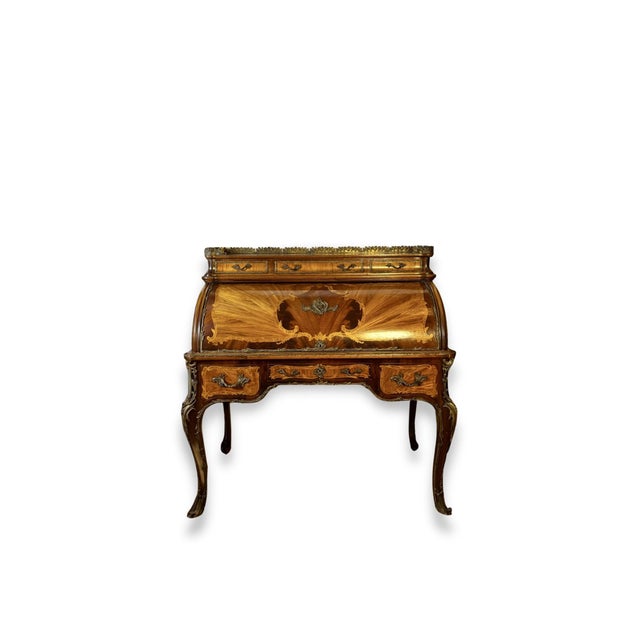 French Mid 18th Century Louis XVI Style Marquetry Bureau À Cylindre Roll-Top Desk With Brass Gallery For Sale - Image 3 of 5